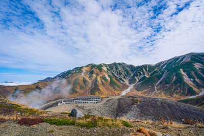 Scenic view of mountain against cloudy sky