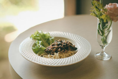 Close-up of food in plate on table