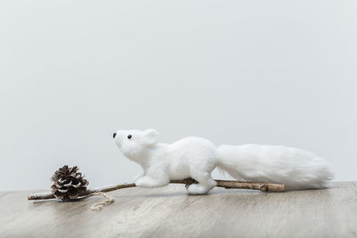 Close-up of stuffed toy on table against white background