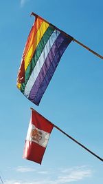 Low angle view of peruvian inka flags against sky