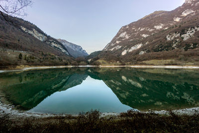 Scenic view of lake and mountains against sky