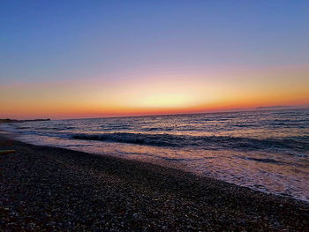 Scenic view of sea against clear sky during sunset