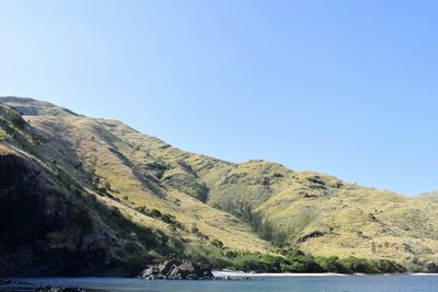 Scenic view of river and mountains against clear blue sky