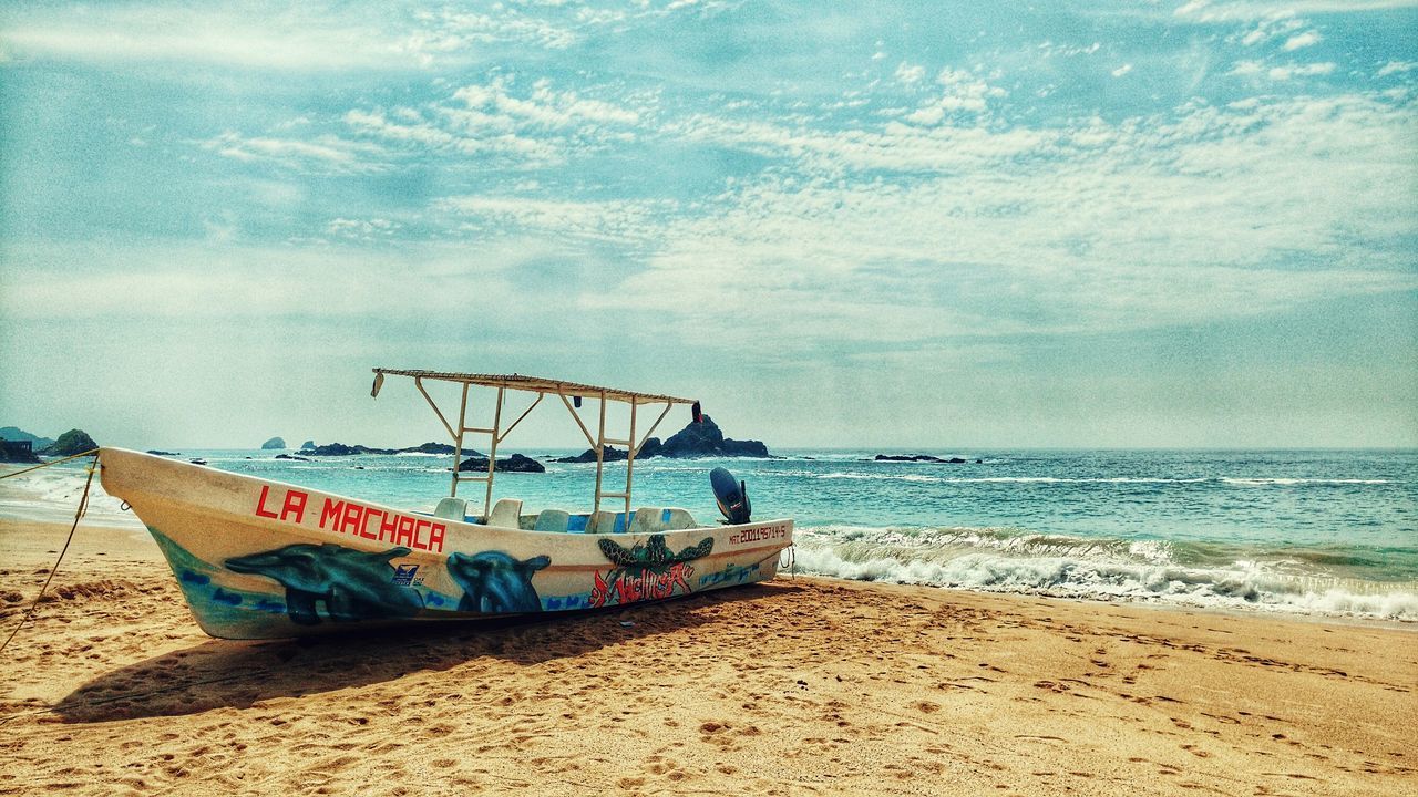 BOAT ON BEACH AGAINST SKY