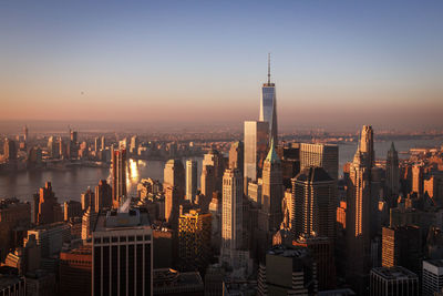 Sunset over manhattan and the financial district, new york city, ny