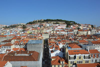 Residential district against clear blue sky