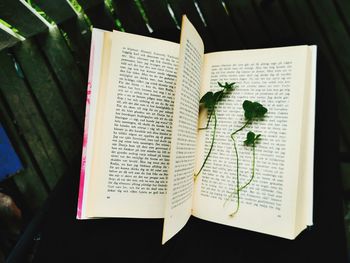 High angle view of text on book