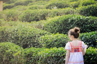 Rear view of girl standing in farm