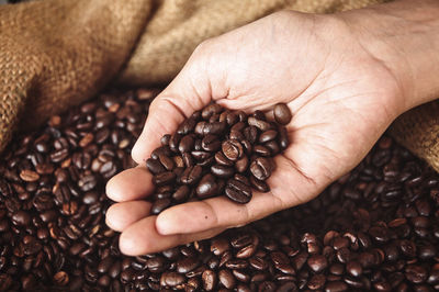 Close-up of hand holding coffee beans