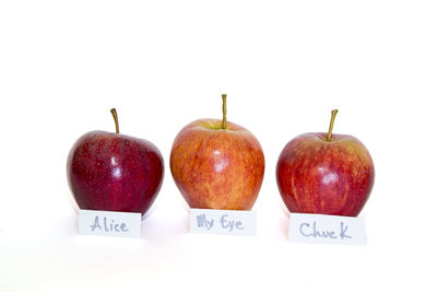 Close-up of apples on apple against white background