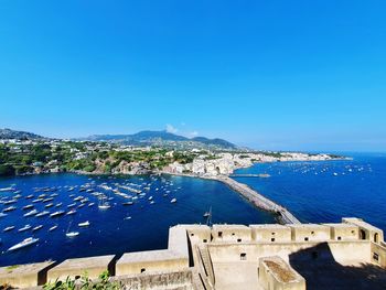 High angle view of sea against blue sky