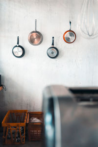 View of cooking pan hanging on wall