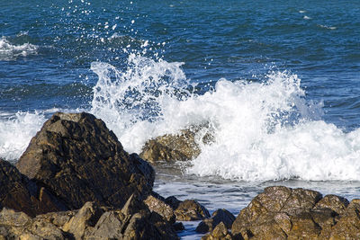 Waves splashing on rocks at shore