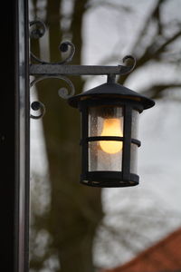 Illuminated lamp against bare tree