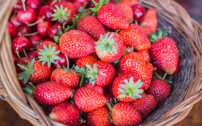 Close-up of strawberries in basket on table