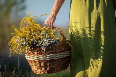 Midsection of woman holding wicker basket