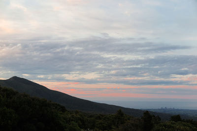 Scenic view of mountains against sky during sunset