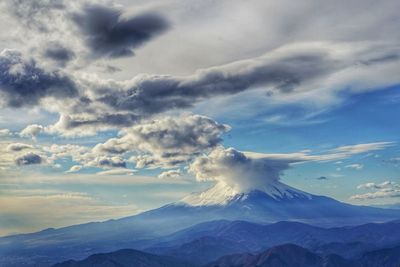 Aerial view of volcanic landscape against sky