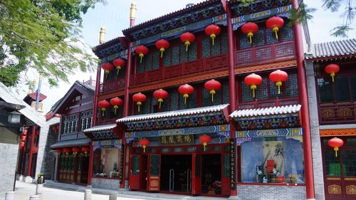 Red lanterns hanging outside building