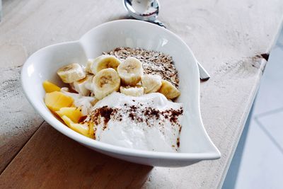 High angle view of breakfast in bowl on table