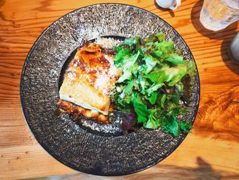 High angle view of food in plate on table