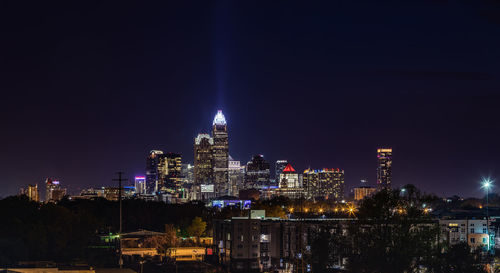 Illuminated buildings in city at night