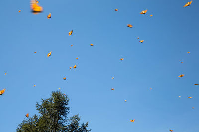 Low angle view of balloons flying against clear blue sky