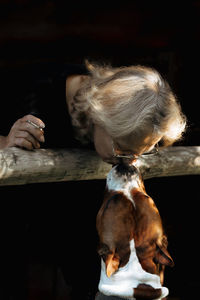 Portrait of elderly woman kissing american staffordshire terrier terrier dog close-up 