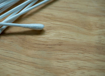 High angle view of bread on wooden table