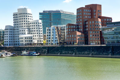 Architecture in harbor called medienhafen at the river rhine in düsseldorf, germany.