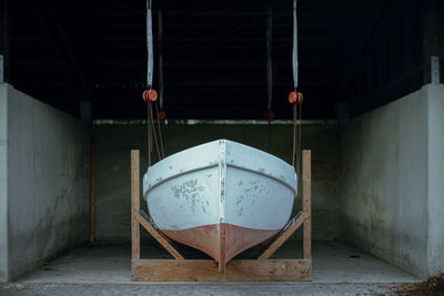 Renewed and repaired boat in garage