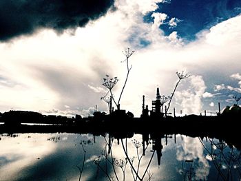 Reflection of trees in water against sky