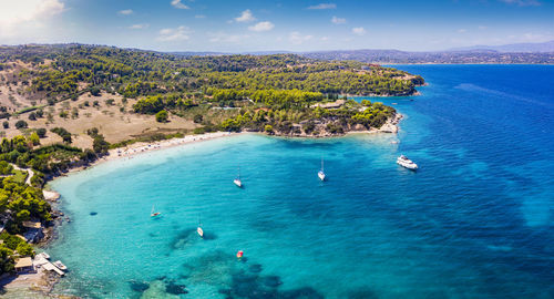 High angle view of bay against sky