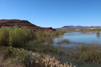 Scenic view of lake against clear blue sky