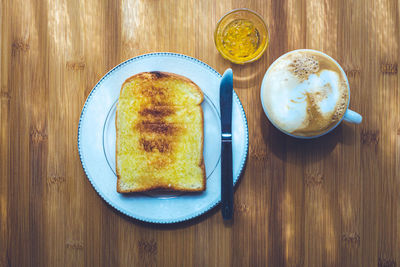 High angle view of breakfast served on table