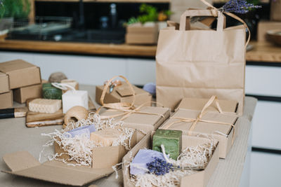 Close-up of christmas presents on table