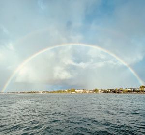 Scenic view of rainbow over sea against sky