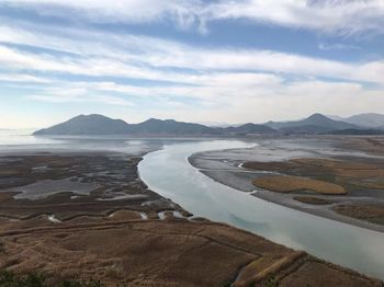Scenic view of beach against cloudy sky