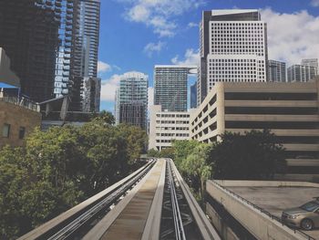 Railroad tracks amidst buildings in city against sky