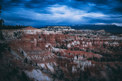 Aerial view of rock formations against cloudy sky