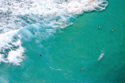 High angle view of people swimming in sea