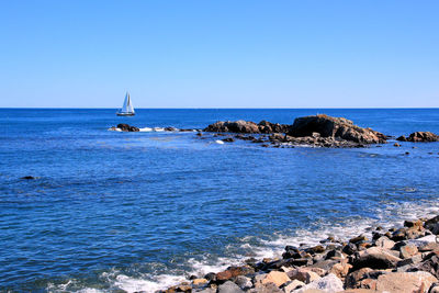 Scenic view of sea against clear blue sky