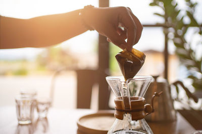 Drip coffee. hot coffee brew hand making process by professional,preparing for brewing drip coffee.