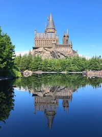 Symmetry view of palace by trees and lake against blue sky