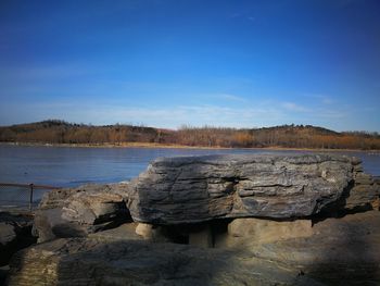 Scenic view of lake against blue sky