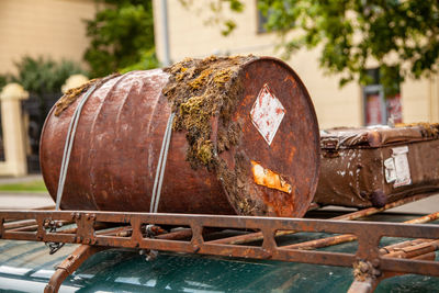 Close-up of rusty drum on car roof