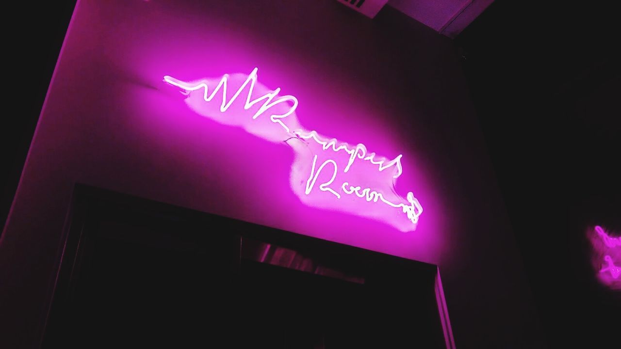 communication, illuminated, text, night, pink color, neon, low angle view, no people, open sign, indoors, close-up