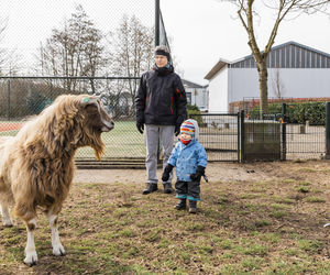 Family looking at goat while standing on field