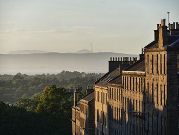 High angle view of buildings in edinburgh in the sunset