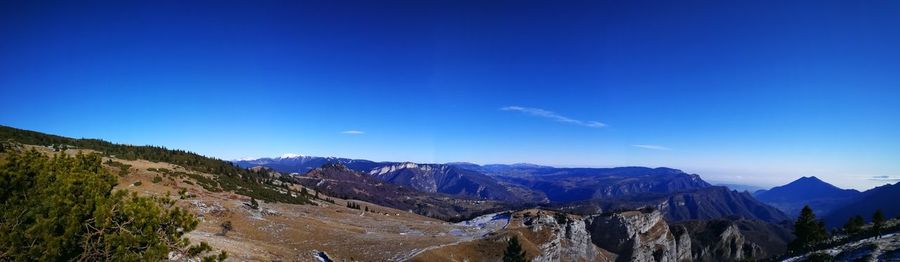 Panoramic view of snowcapped mountains against blue sky